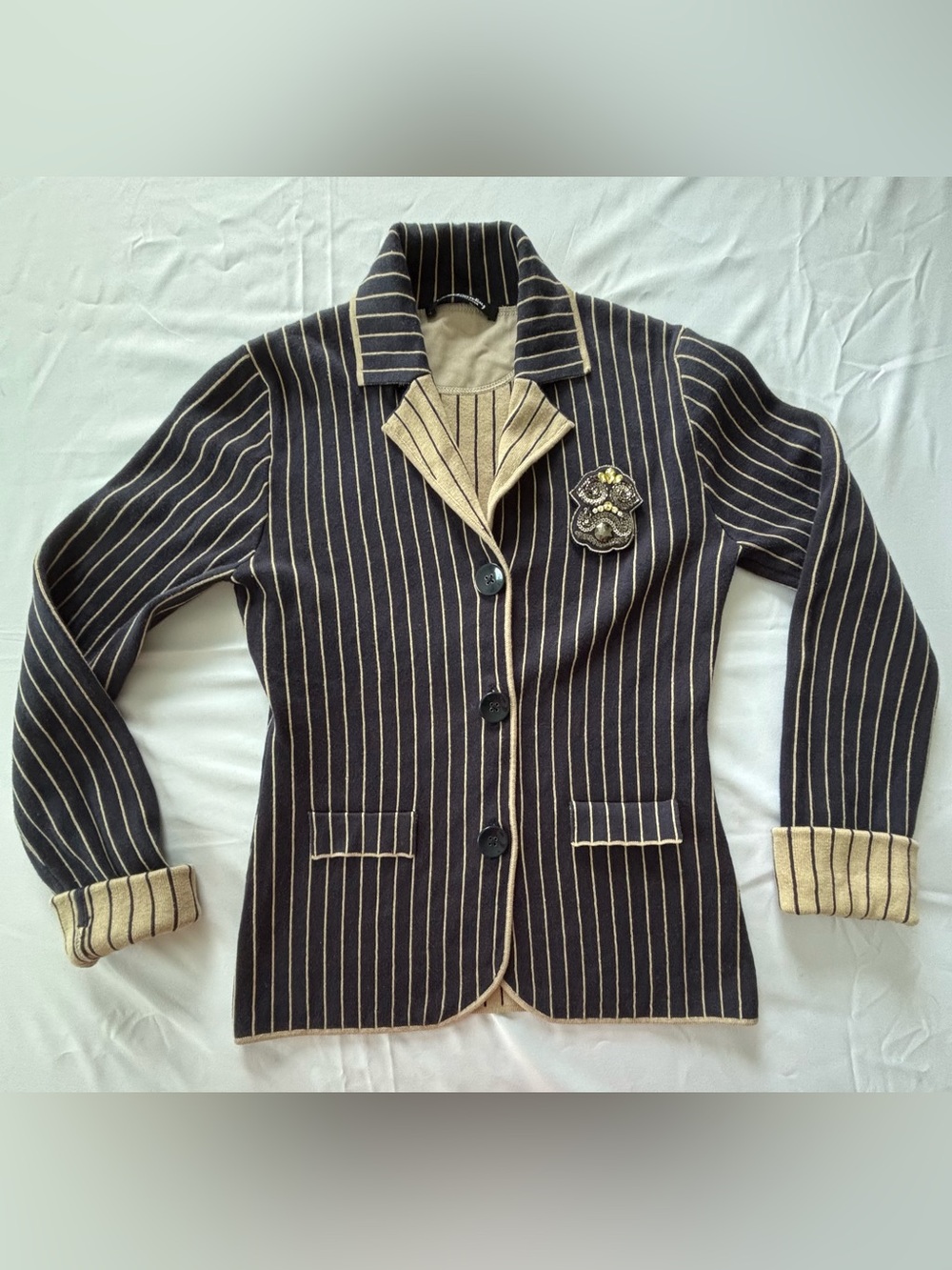 Betty Barclay Women’s Knit Blazer & Brooch Black Tan Striped Old Money Size US 4